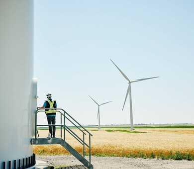 Person standing and looking at windmills.